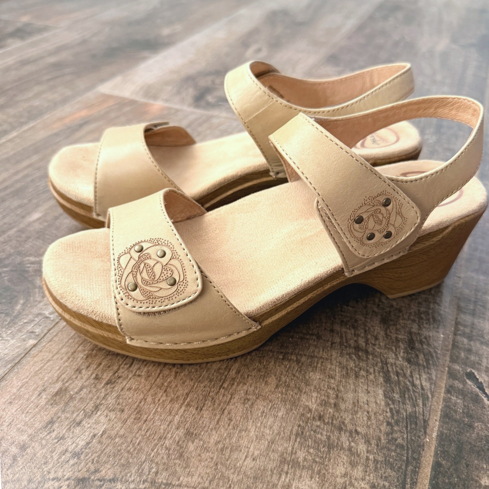 Dansko Sonnet Floral Embossed Studded Wedge Sandals, Tan, 39